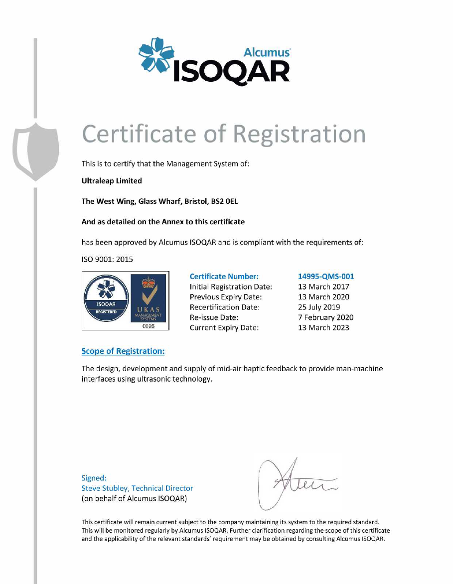 ISO 9001:2015 Quality Certificate | Ultraleap