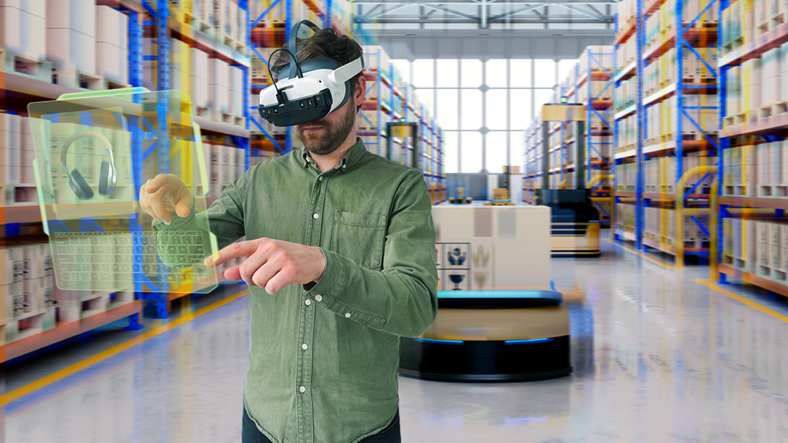 Man wearing Pico Neo 3 in a warehouse using vr for training