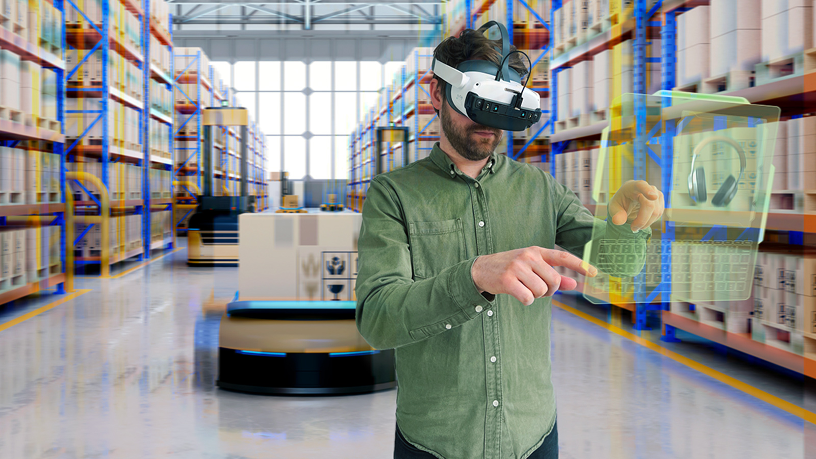 Man wearing Pico Neo 3 in a warehouse using vr for training